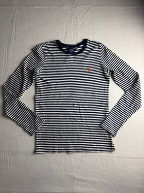 Ralph Lauren Sport Navy White Striped Crew Neck Long Sleeve Shirt Size M